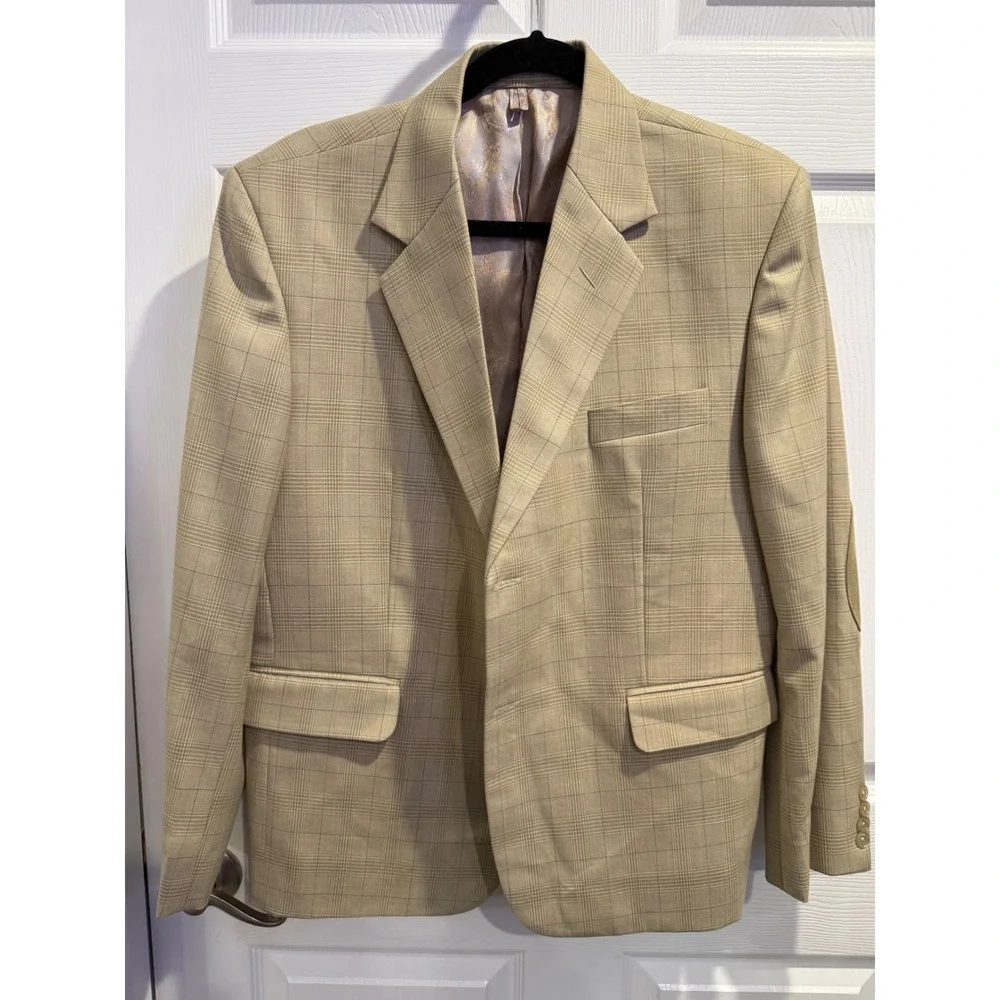 Tariq Fitwell‎ Tailors Mens Tan Glen Plaid Blazer Elbow Patches Bespoke 42R